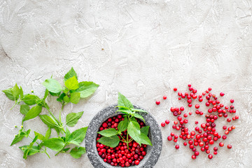 Poster - Food set with various herbs and berries for making spices and mortar stone background top view mockup