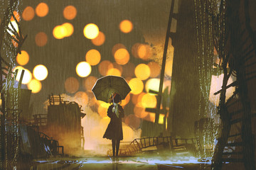 rainy night scene of woman holding umbrella standing alone in abandoned city, digital art style, illustration painting