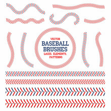 Baseball Laces Set. Baseball Seam Brushes. Red And Blue Stitches, Laces For Baseball Ball Decoration