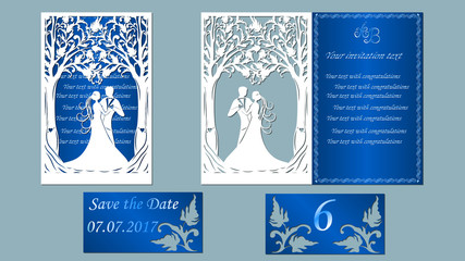 Wall Mural - Vector illustration Postcard. Invitation and greeting card with the groom and the bride under the trees. Pattern for the laser cut, boy and girl.