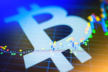 Wall Mural - Data analyzing in exchange stock market: the candle chars on display. Analytics price change cryptocurrency BTC to USD (Bitcoin / US Dollar), the most popular pair in the world. Big Bitcoin logo.