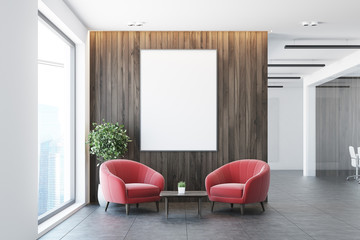 White and wooden office waiting room, armchairs