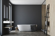 Black and wooden bathroom, white tub