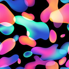 abstract multicolor liquid vector seamless pattern. colorful fluid overlapping shapes on black backg