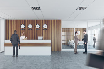 Wall Mural - White wooden reception, meeting room, front people