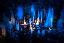 Ice Stalactites In The Cave. Icicles. Russia. Karelia. Ruskeala. In The Marble Cave Ruskeala.