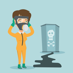 Poster - Concerned woman in respirator and yellow protective suit clutching her head. Woman in yellow protective suit looking at leaking barrel with radiation sign. Vector cartoon illustration. Square layout.