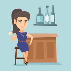 Wall Mural - Caucasian woman sitting at the bar counter. Young woman relaxing in the bar with a glass of alcohol drink. Woman celebrating with alcohol drink in the bar. Vector cartoon illustration. Square layout.