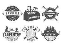 Woodwork Logos. Vector Badges For Carpentry, Sawmill, Lumberjack Service Or Woodwork Shop. Set Of Vintage Labels With Hand Tools