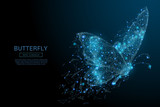 Butterfly composed of polygon. Low poly vector illustration of a starry sky or Comos. The digital flyer consists of lines, dots and shapes. Wireframe technology light connection structure.