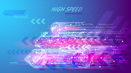 Poster - High speed concept. Sport motorbike in the form of a starry sky or space, consisting of points, lines, and shapes in the form of planets, stars and the universe. Sport vector wireframe concept
