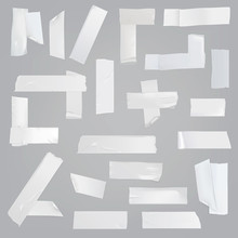 White Adhesive Tape Various Pieces With Wrinkles, Curved And Torn Edges Isolated Realistic Vector Illustrations Set. Different Size, Glued At Angles, Cut Off Strips Of Sticky Tape Element Collection