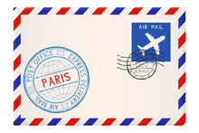 Envelope With Paris Stamp. International Mail Postage With Postmark And Stamps