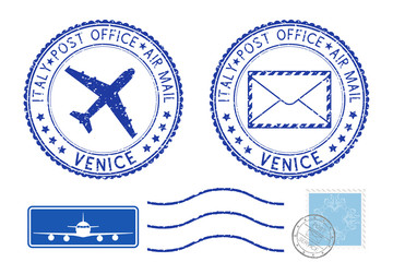 Wall Mural - Postmarks VENICE and stamps. Blue postal elements