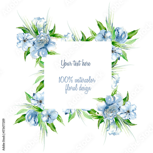 Frame border with simple watercolor blue roses and