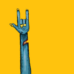 Wall Mural - vector blue cartoon Zombie hand shows rock n roll gesture isolated on orange background with space for text .