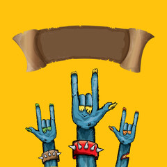 Wall Mural - vector blue cartoon Zombie hand shows rock n roll gesture isolated on orange background with space for text .