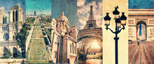 Paris France, Panoramic Photo Collage Vintage Style, Paris Landmarks Travel And Tourism Concept