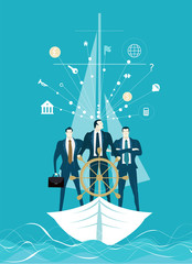 Wall Mural - Businessmen on the boat holding the steering wheel and his team at the back. Winning and leading concept