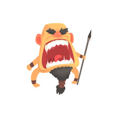 Poster - Screaming warrior attacking with spear, furious man with emotional face cartoon character vector illustration