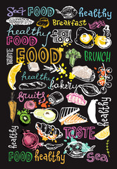 Wall Mural - Hand drawn doodle food illustration. Big set Healthy food