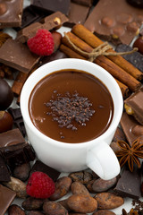 Wall Mural - hot chocolate in a cup and ingredients, top view