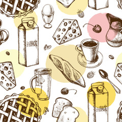 Wall Mural - Decorative seamless pattern with ink hand-drawn food and drinks - milk, baguette, tea, coffee, pie, cheese. Breakfast elements texture. Vector illustration.