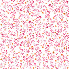 Seamless Vintage Pattern With Watercolor Pink Leaves And Retro Tiny Flowers. Watercolour
