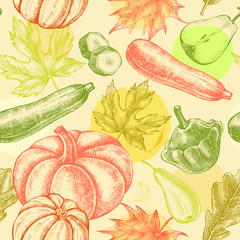 Poster - Decorative seamless pattern with Ink hand drawn pumpkins, pears, zucchini and maple, oak leaves. Autumn harvest elements texture. Vector illustration.