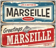 Greetings From Marseille France Vintage Signs Set. Life Is Better In Marseille Retro Travel Souvenirs. 