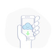 Cloud icon on Smartphone Screen, Hand holding Smartphone, finger touching screen. Cloud Storage, Computing, Synchronization or file Download vector concept