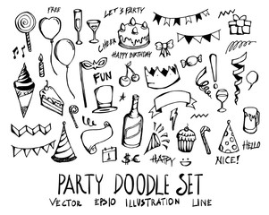 Wall Mural - Set of party doodle illustration Hand drawn Sketch line vector eps10