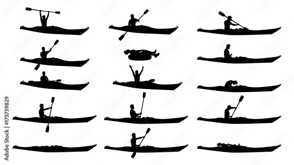 man in kayak silhouette set - obrazy, fototapety, plakaty 
