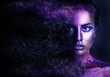 © Alex - Fashion model girl portrait with colorful powder make up. Beauty woman with bright color makeup. Close-up of Vogue style lady face, Abstract colourful make-up, Art design. Black background. copy space