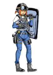 Wall Mural - police girl with gun and shield,illustration,art,design,logo,color