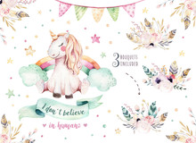 Isolated Cute Watercolor Unicorn Clipart. Nursery Unicorns Illustration. Princess Rainbow Unicorns Poster. Trendy Pink Cartoon Horse.