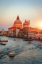 Cityscape View On Santa Maria Della Salute Basilica In Sunset In Venice, Italy