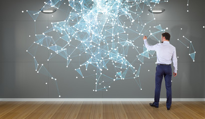Poster - Businessman using connection network on a wall 3D rendering