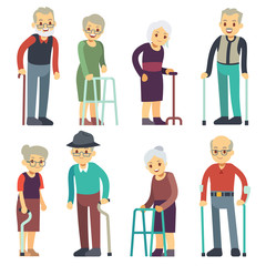 Sticker - Old people cartoon vector characters set. Senior man and woman couples collection