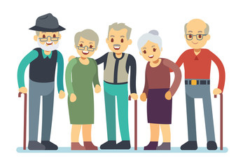 Canvas Print - Group of old people cartoon characters. Happy elderly friends vector illustration