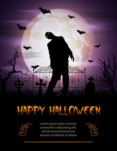 Halloween Background With Zombie Walking Out From Grave