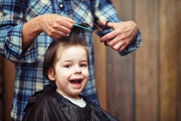 A little boy is trimmed in the hairdresser's