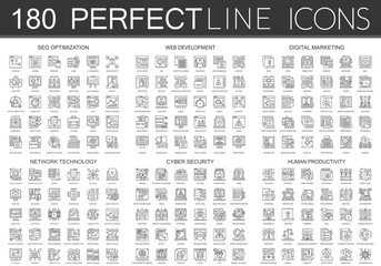 Aufkleber - 180 outline mini concept icons symbols of seo optimization, web development, digital marketing, network technology, cyber security, human productivity icon.