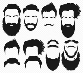 Wall Mural - Vector Hair and beard shapes design constructor with men vector silhouette. Fashion silhouette black beard and mustache illustration.