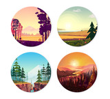 Fototapeta Las - Collection of round illustrations on nature, city and sport theme. Use as logo, emblem, icon or your design work