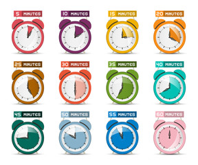 Sticker - Alarm Clock Set. Vector Icons with Five to Sixty Minutes. Vector Time Difference Symbols.