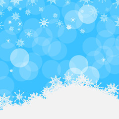 Wall Mural - Winter Vector Blue Background with Snowflakes, Snow and Bokeh on Sky