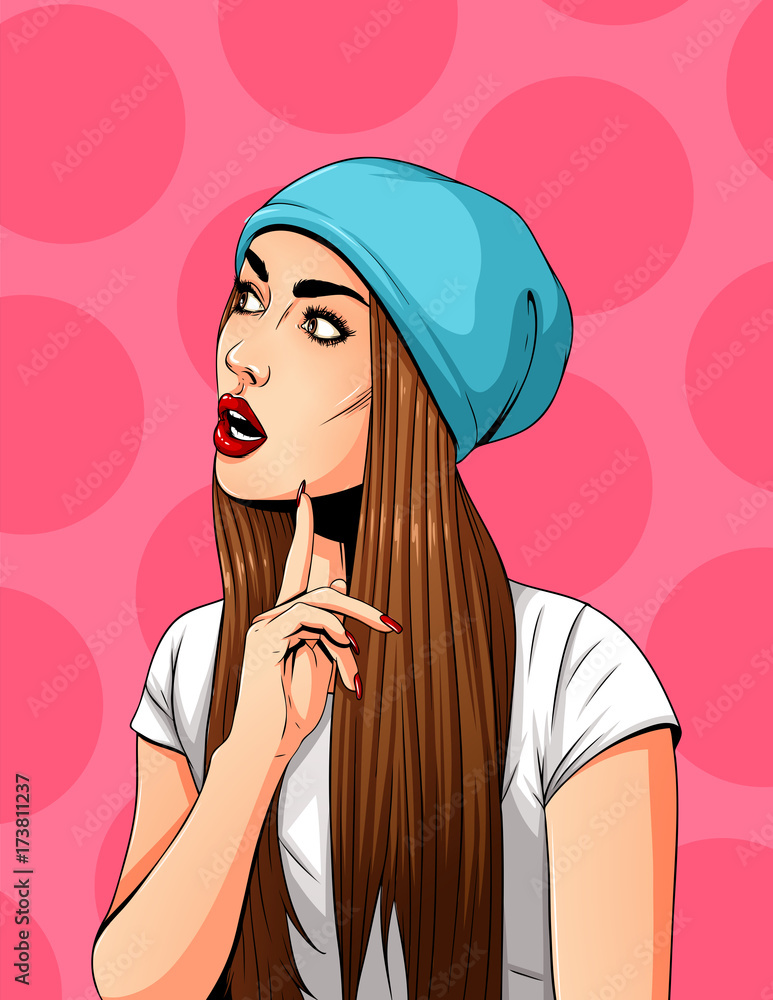 Pop Art Vintage advertising poster comic girl. Confused thinking pretty ...