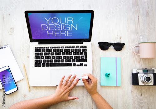 Download User Painting Nails With 2 Devices And Accessories Mockup Stock Template Adobe Stock
