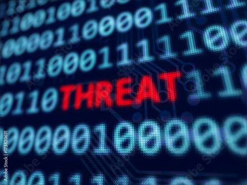 Fotomural Threat red text between blue binary data on pixels screen 3D rendered with depth